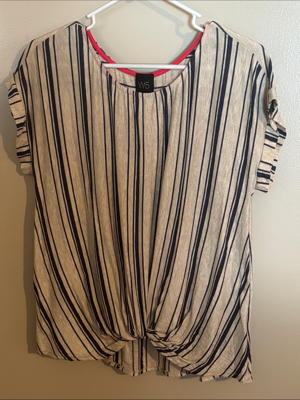 W5 Cream and Navy Striped Front Knot Short Sleeve Blouse